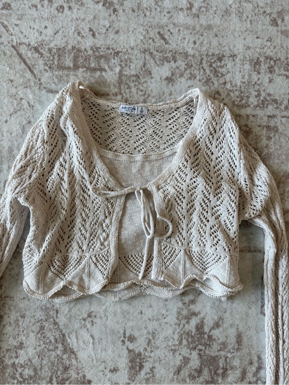 Arizona Jean Company Cream Open-Knit Cropped Tie-Front Cardigan